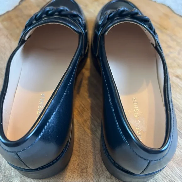 Marc Fisher Black Leather Loafers Lug with Chain Detail Slip On Festival - Picture 12 of 15